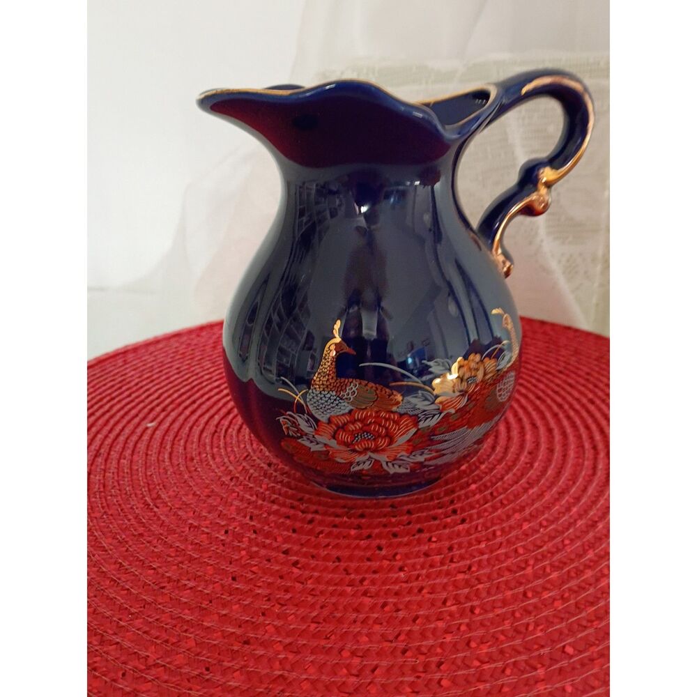 Vintage Japanese Cobalt Blue Porcelain Pitcher with Gold Gilding and Peacocks